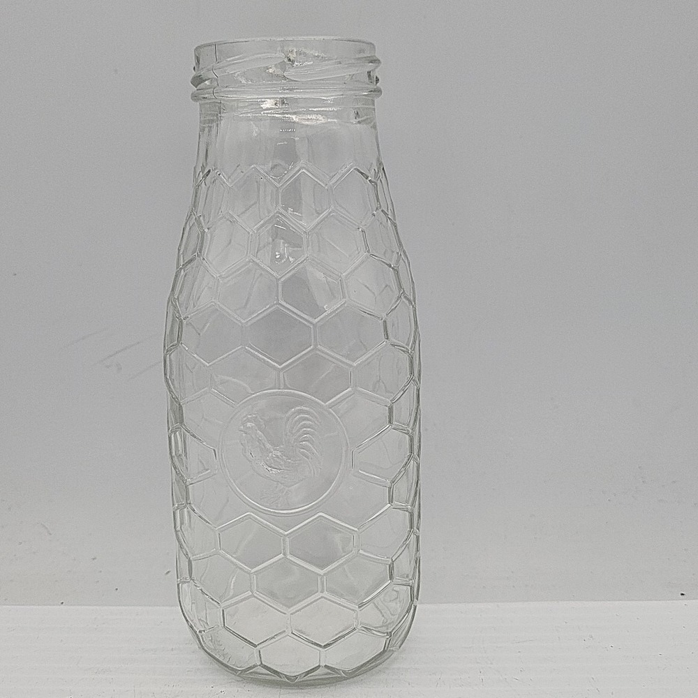 Rare Small 6" Old Clear Glass Honeycomb Bottle Chicken Pattern Screw Top Jar